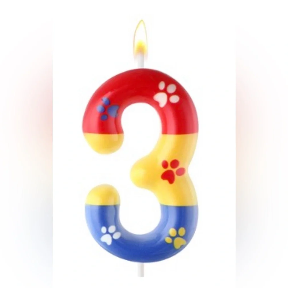 Colorful Number 3 Dog Paw Birthday Party Candle Cake Topper - Red, Yellow, Blue